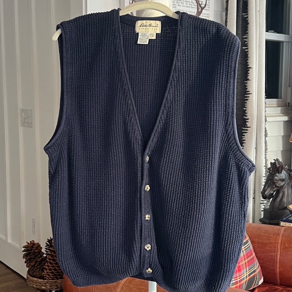 Men's Eddie Bower Navy Blue 100% Cotton Knit Button-Up Sweater Vest